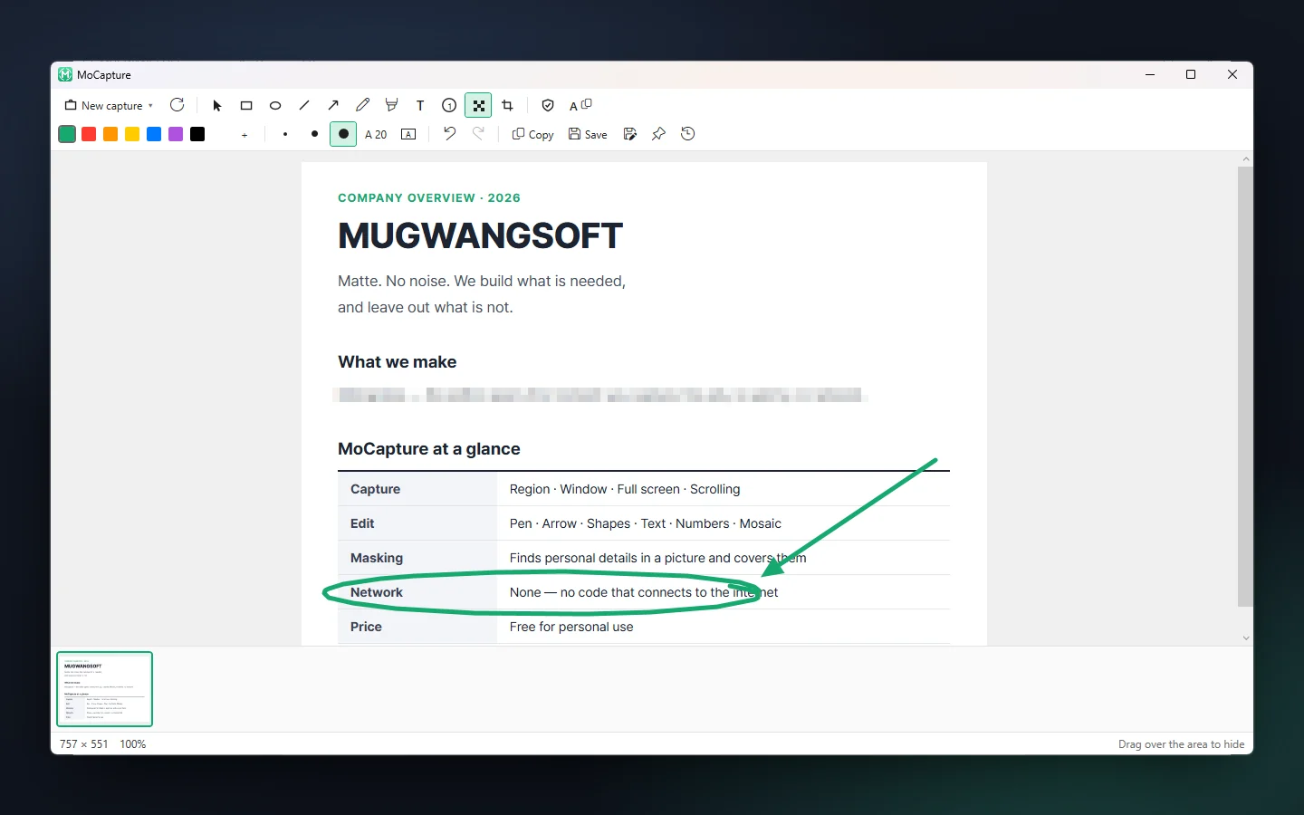The MoCapture editor with a pen loop, an arrow and a mosaic drawn on a captured company overview
