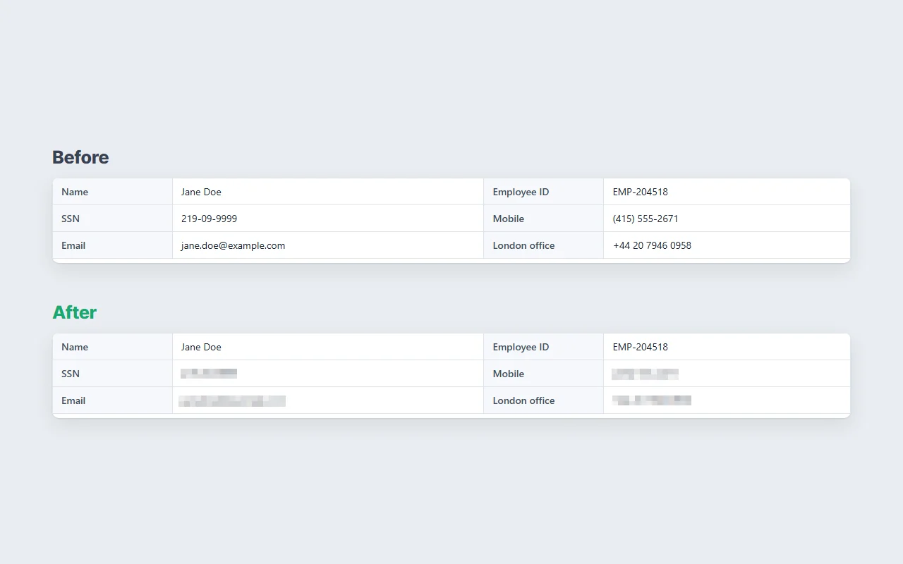 A made-up HR record before and after: the SSN, both phone numbers and the email address pixelated