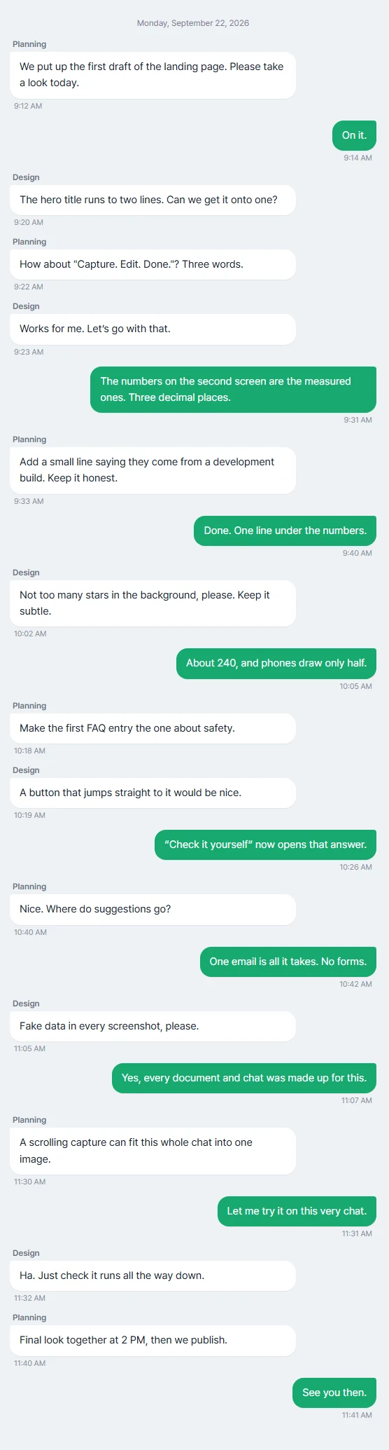 A team chat captured from top to bottom and stitched into one image