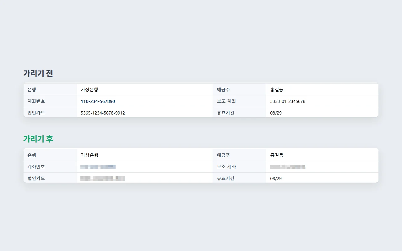 가짜 계좌번호와 카드번호가 보이는 표, 그리고 같은 자리가 모자이크로 덮인 표